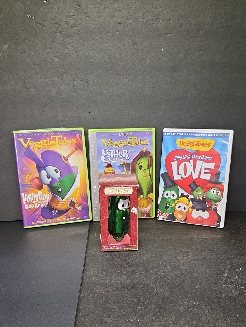 3 Veggie Tales DVDs ,  Christmas Ornament Larry The Cucumber